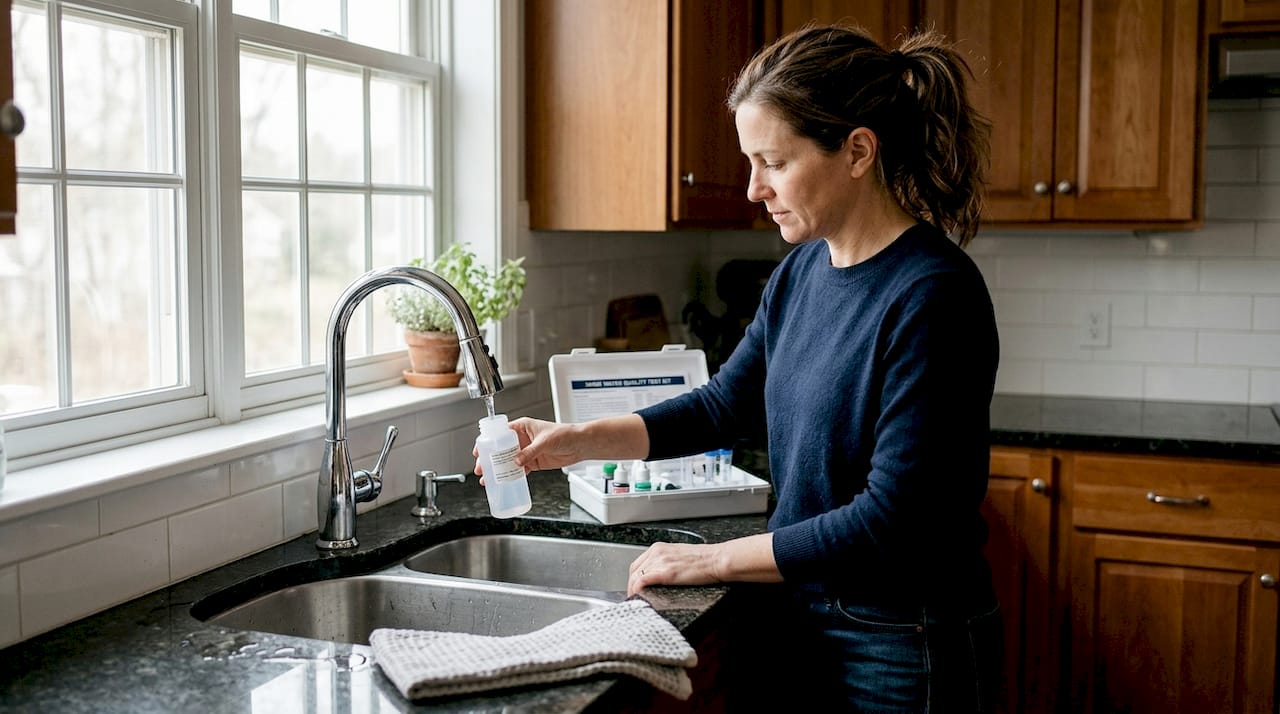 Woman taking kitchen water sample for testing
