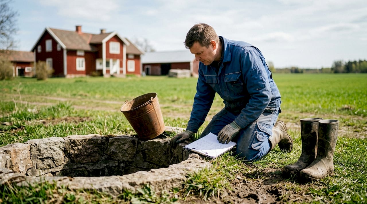 Worker inspecting shallow dug well by farmhouse