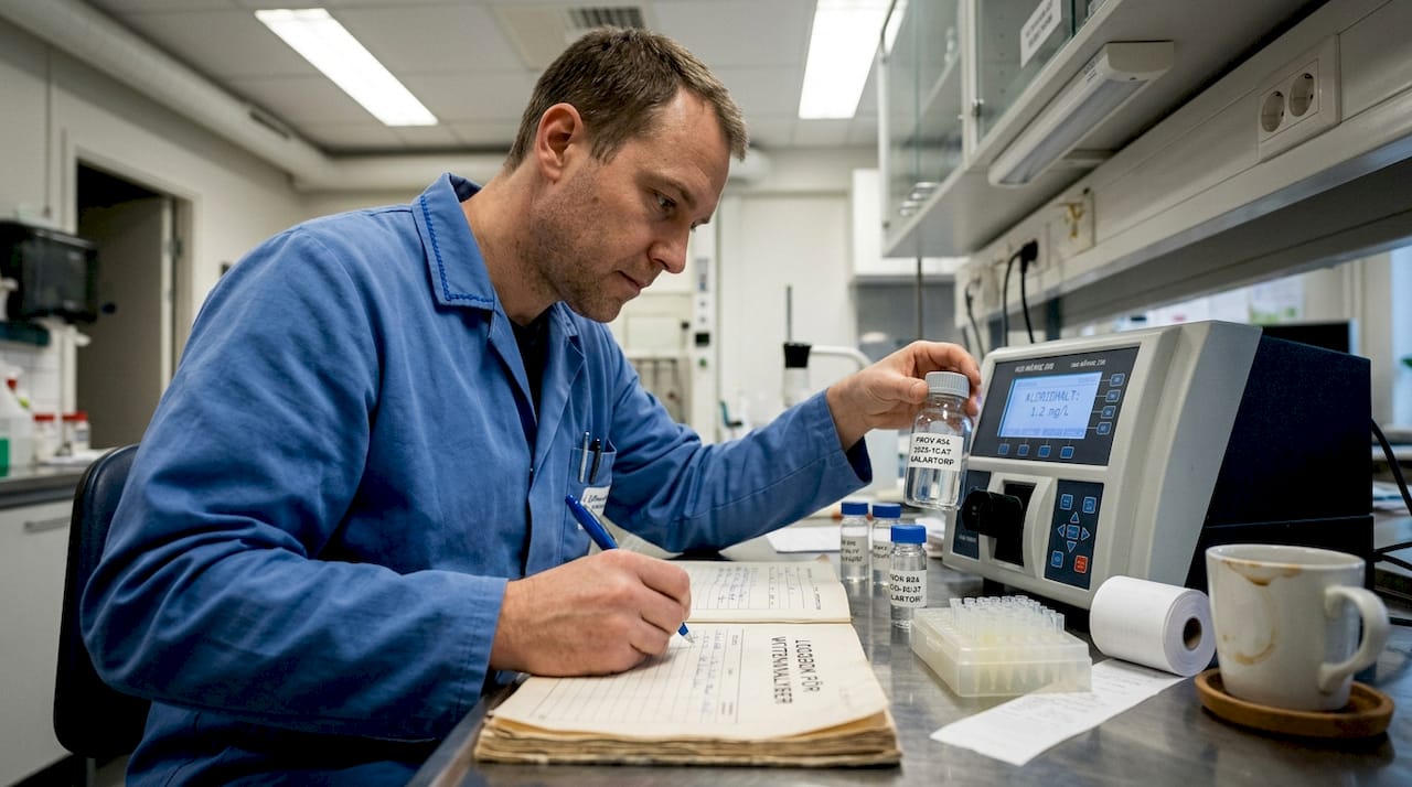 En tekniker registrerar provresultat från brunnsvatten i laboratoriet.