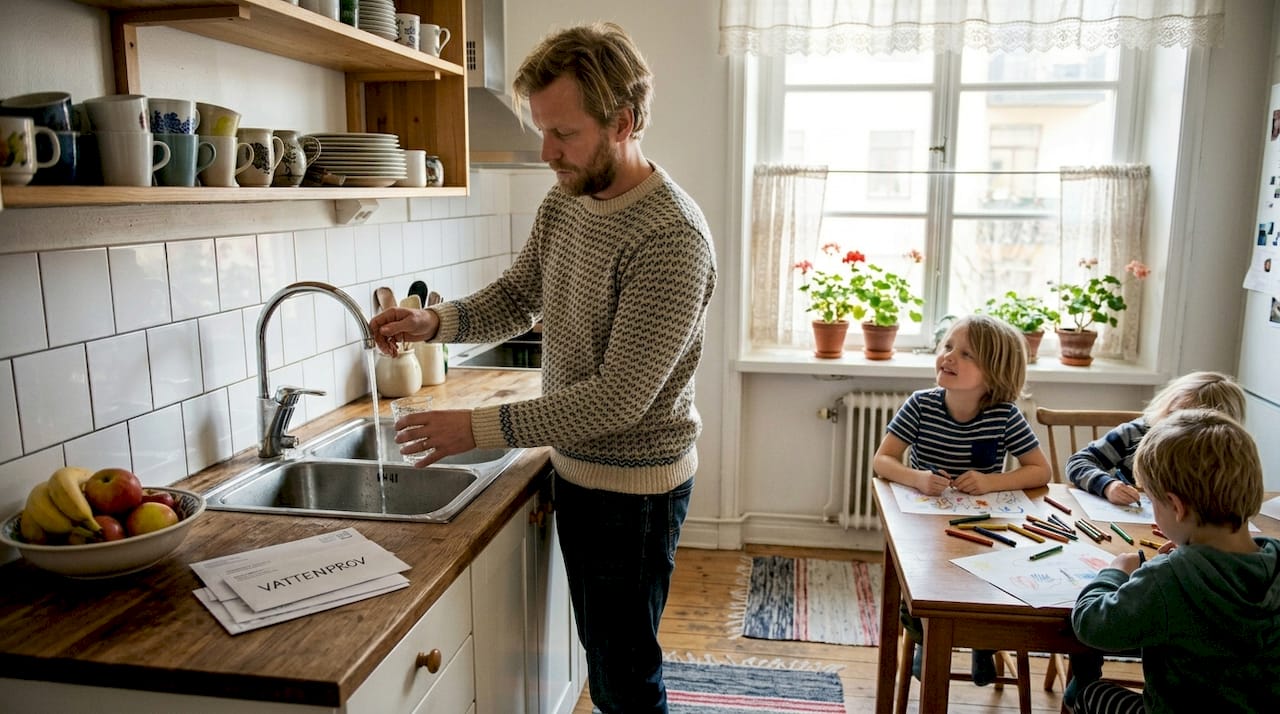 Family pours tap water in Swedish kitchen