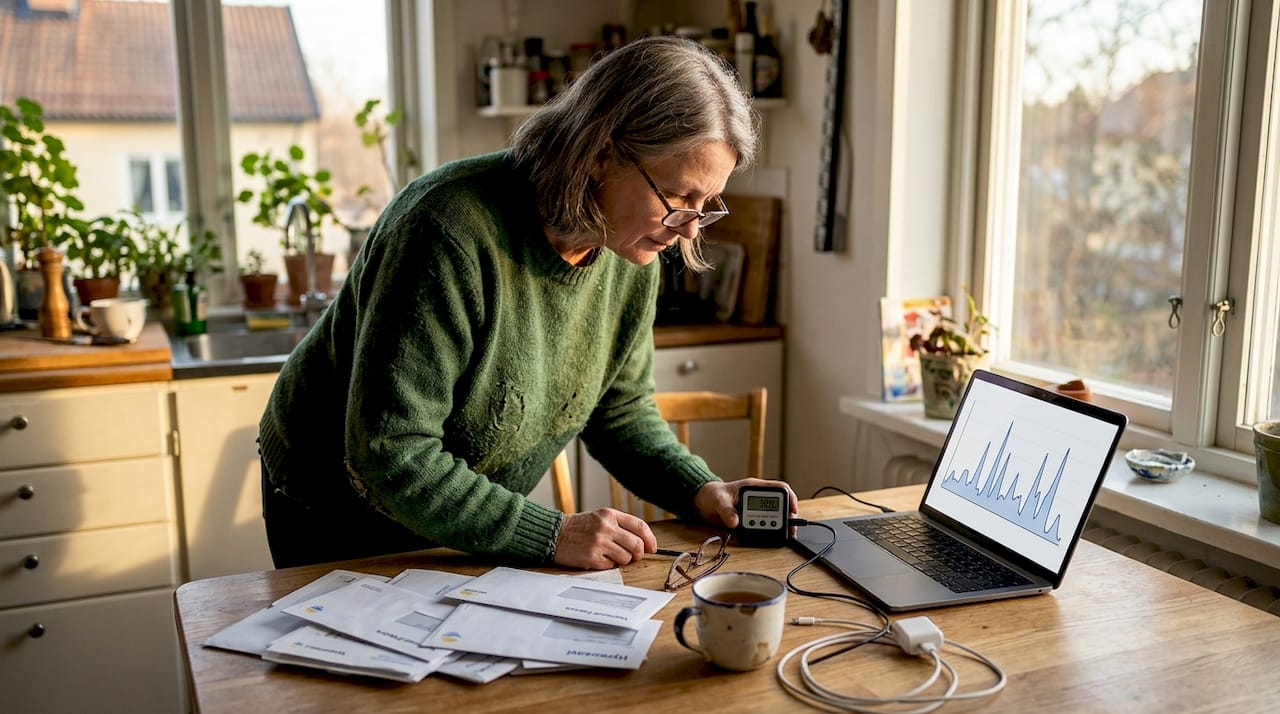 En kvinna sitter vid köksbordet och kollar vattennivån på en digital mätare.