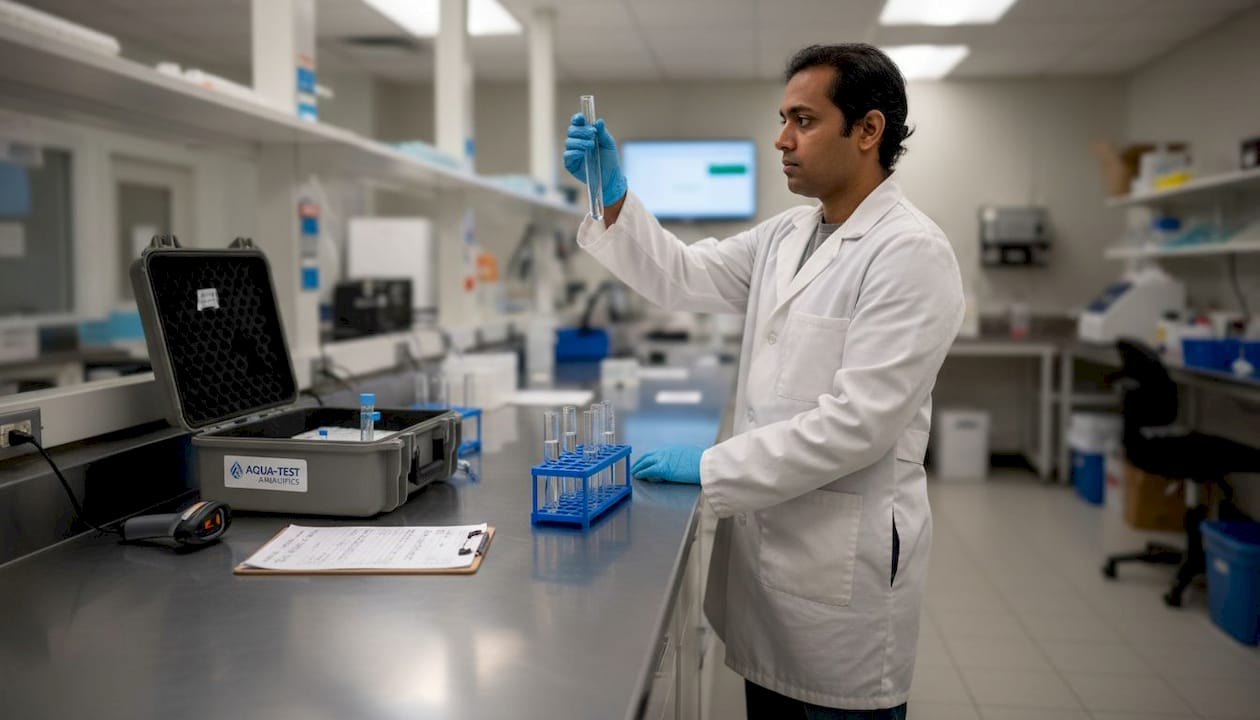 Lab technician checking well water samples