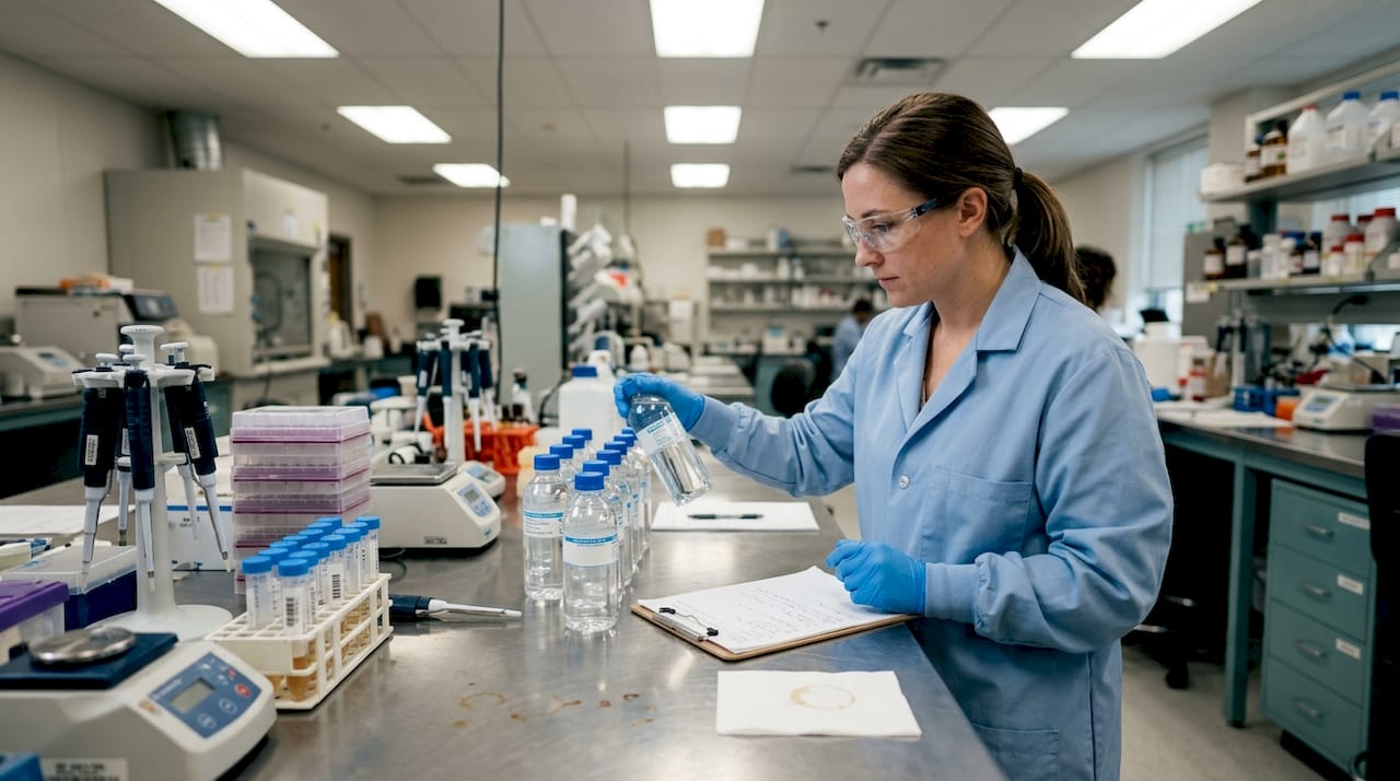 Lab technician analyzing water samples in lab