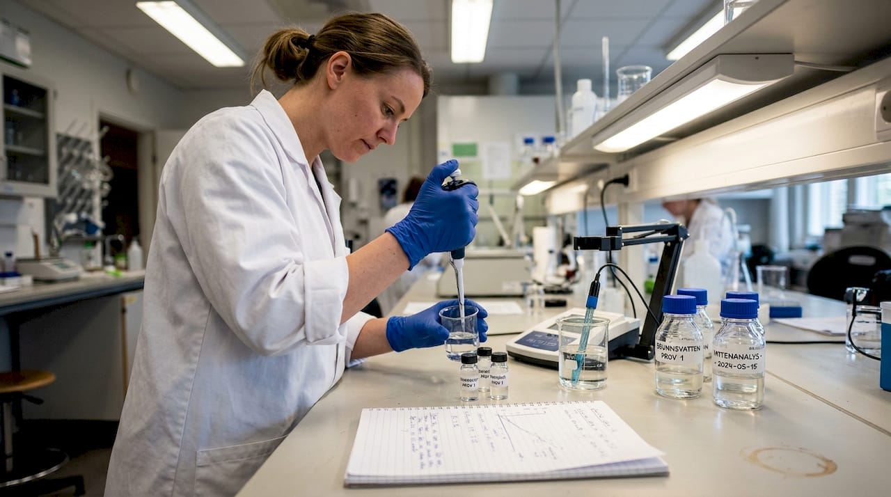 En laboratorietekniker analyserar ett vattenprov från en brunn.