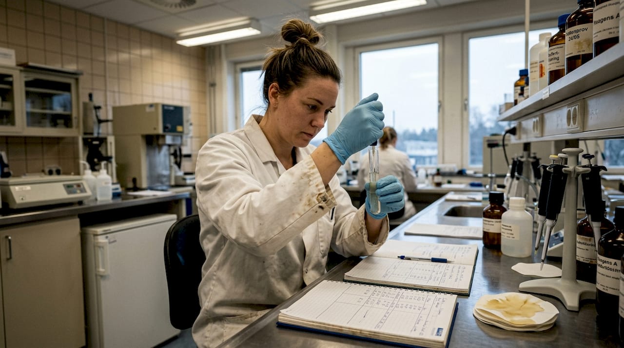 En kvinnlig labbassistent analyserar ett vattenprov