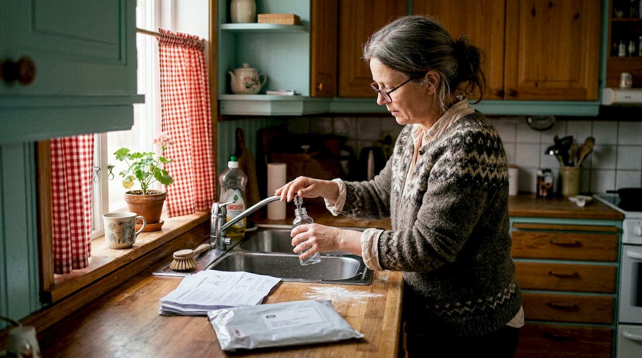 Woman preparing water sample at home kitchen sink