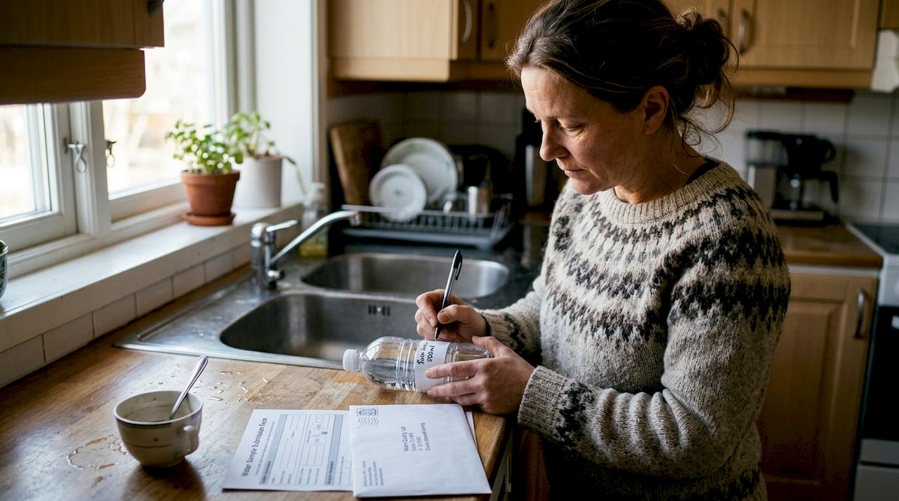 Woman labeling water sample at home kitchen counter