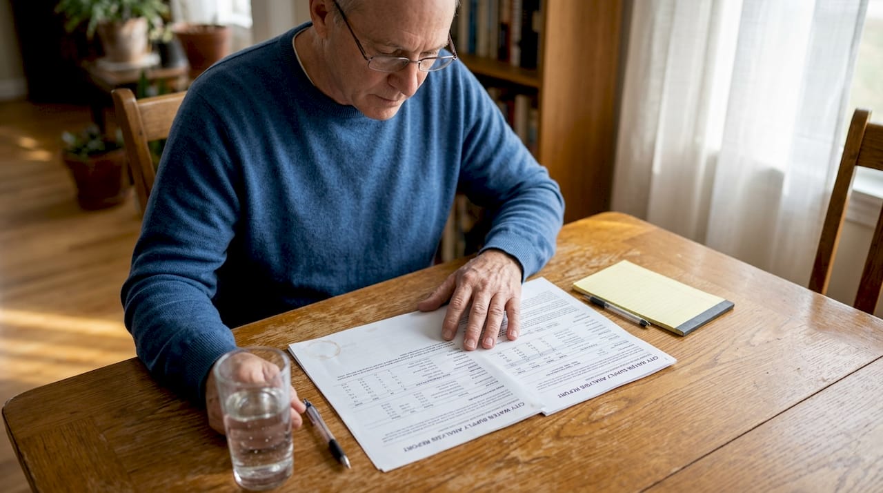 Man reviewing PFAS test report at dining table