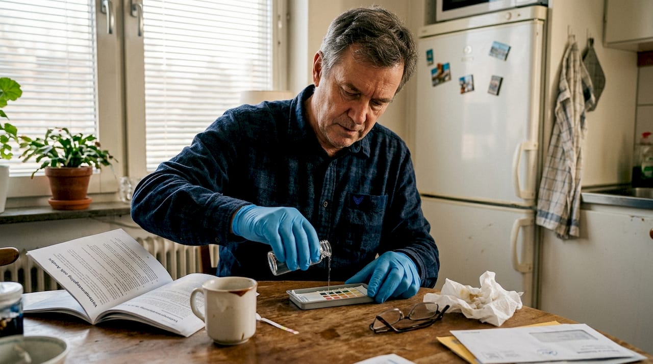 En man kontrollerar vattenkvaliteten hemma