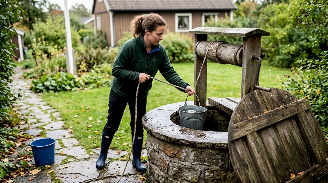 En kvinna hämtar vatten ur en brunn hon själv har grävt.