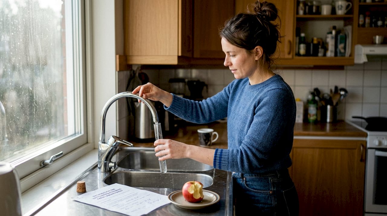 En kvinna tar ett vattenprov i köket.