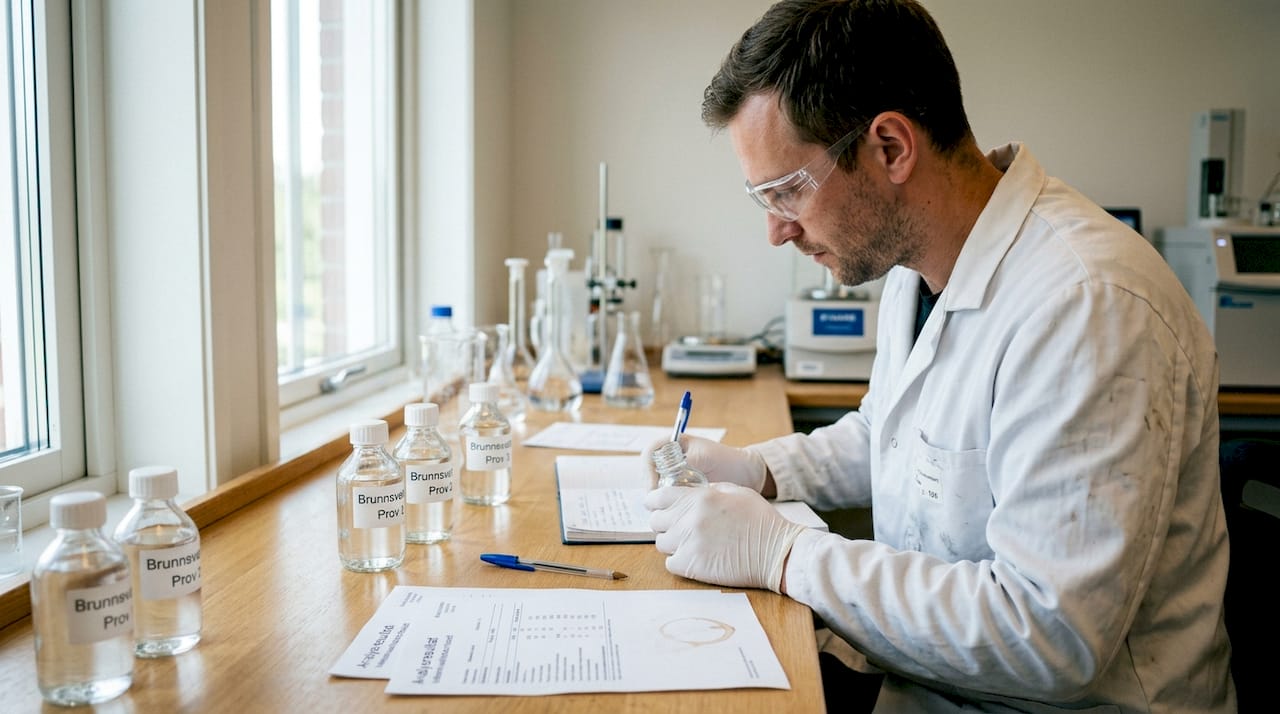 På laboratoriet undersöker tekniker kvaliteten på vattenprover från brunnar.