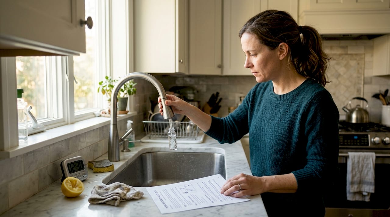 Woman collects water sample from kitchen tap