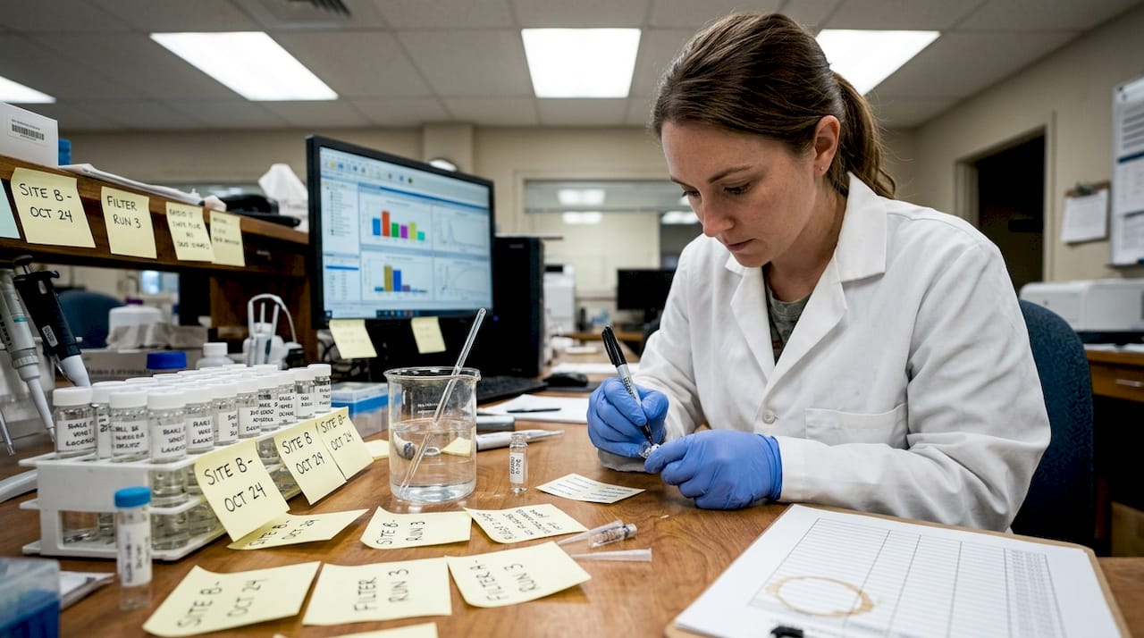 Lab technician labeling Swedish well water sample