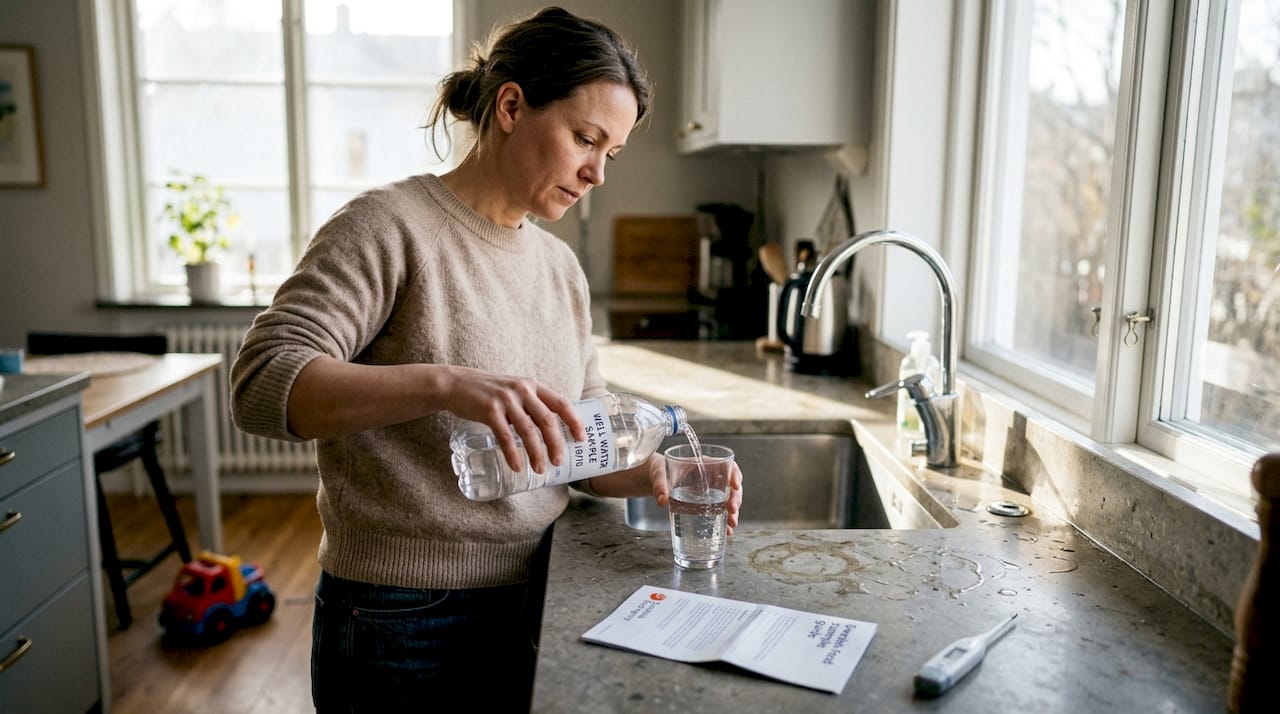 Woman checking well water in home kitchen