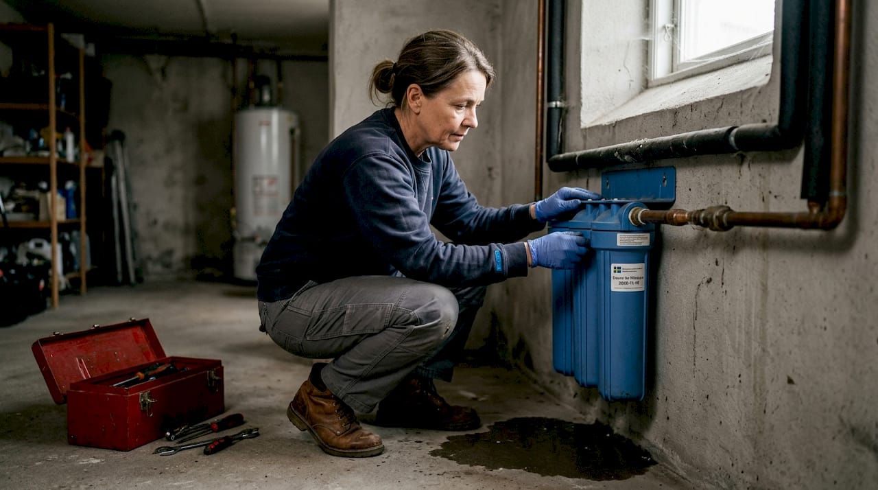 Kvinnan ser över vattenfiltret nere i källaren.