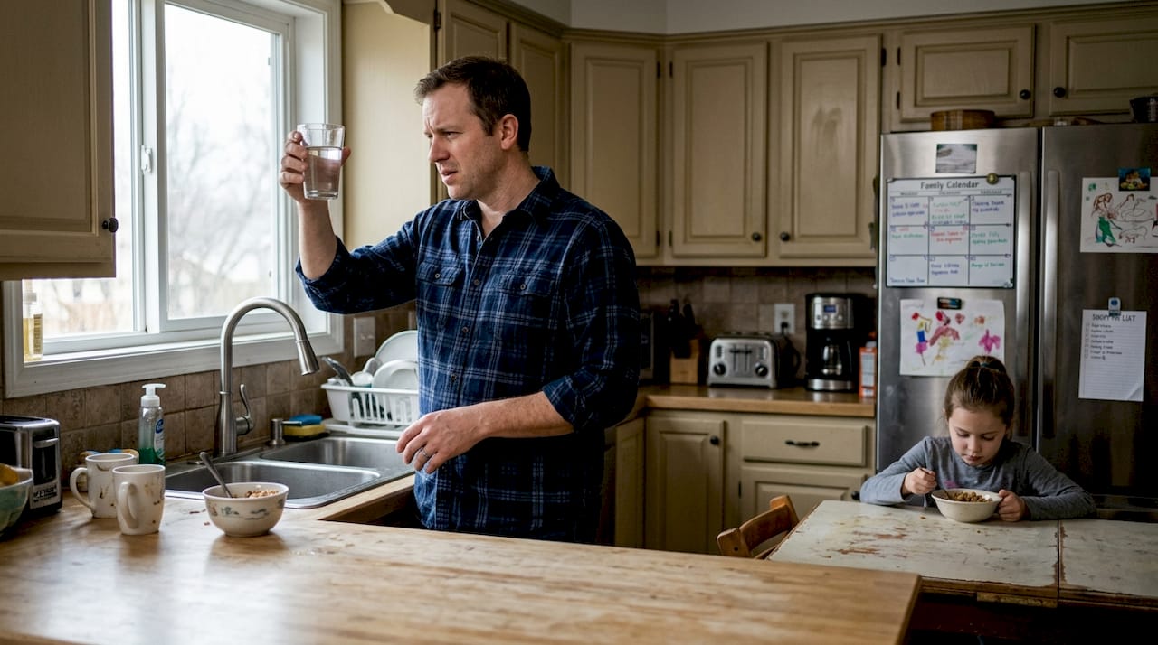 Family checking kitchen tap water quality