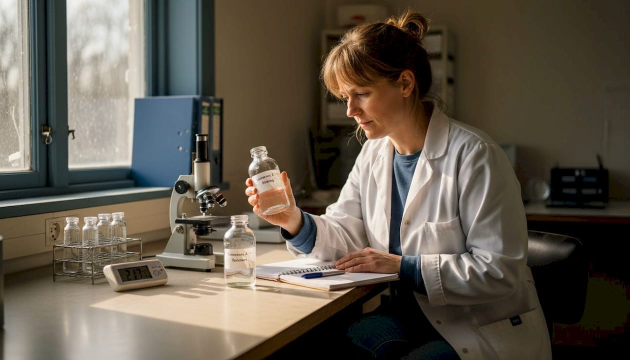 En laboratorieassistent granskar vattenprover för att säkerställa kvaliteten.