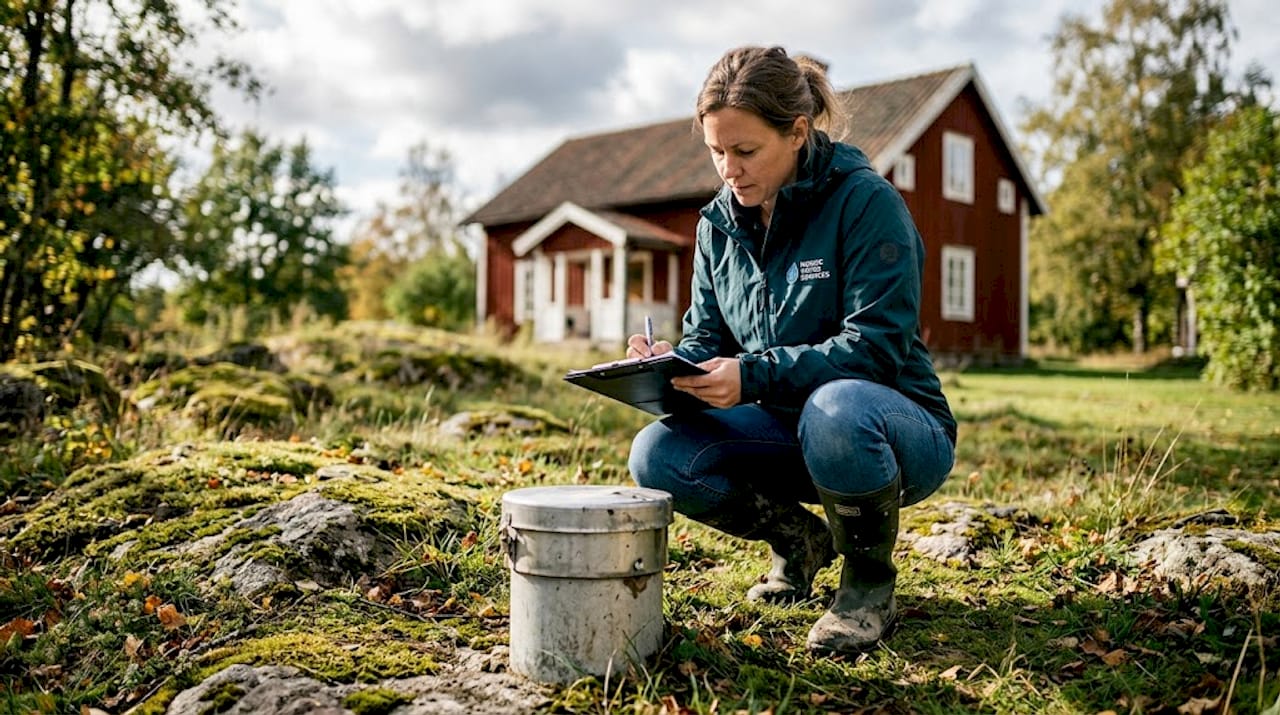 Technician inspecting drilled well outdoors