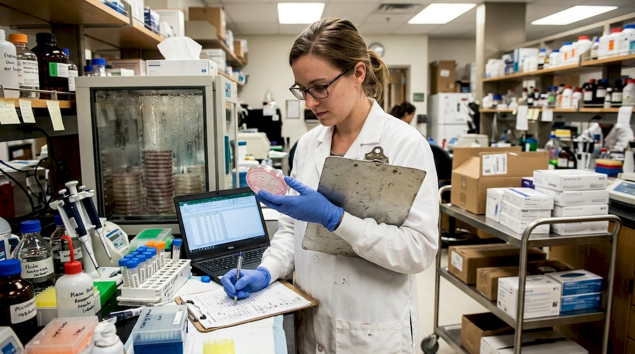 Lab technician checking water test petri dishes