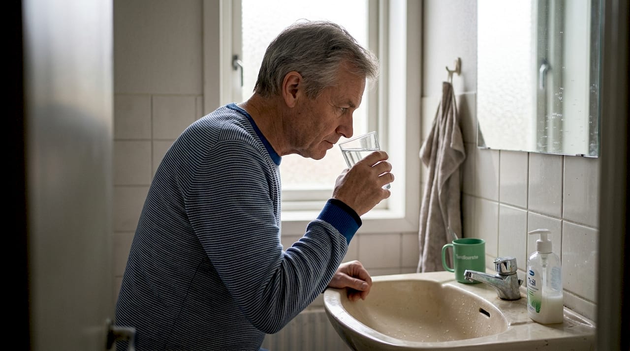Man böjer sig ner och luktar lite försiktigt på vattnet i handfatet om det verkar skumt.