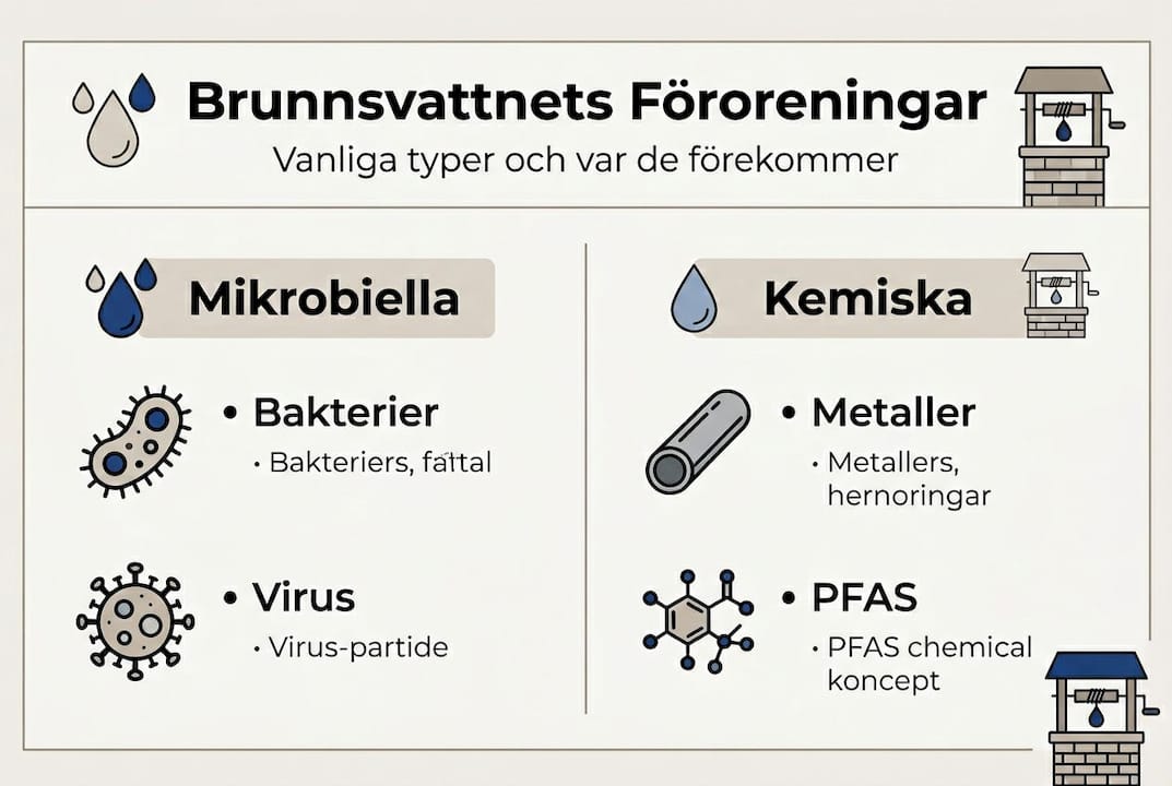 Illustration som visar de vanligaste föroreningarna i dricksvatten från egen brunn