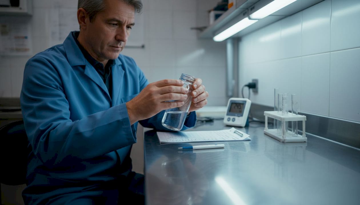 Lab technician examining water sample bottle