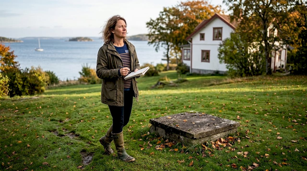 Kvinna undersöker brunn vid villa nära havet