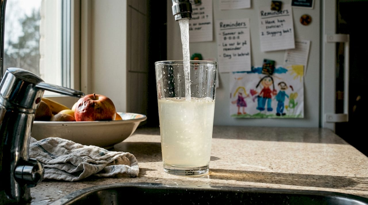 Cloudy tap water poured in kitchen glass