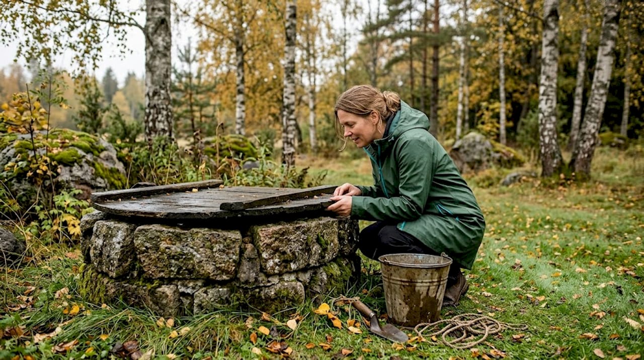 En kvinna undersöker en brunn ute i naturen.