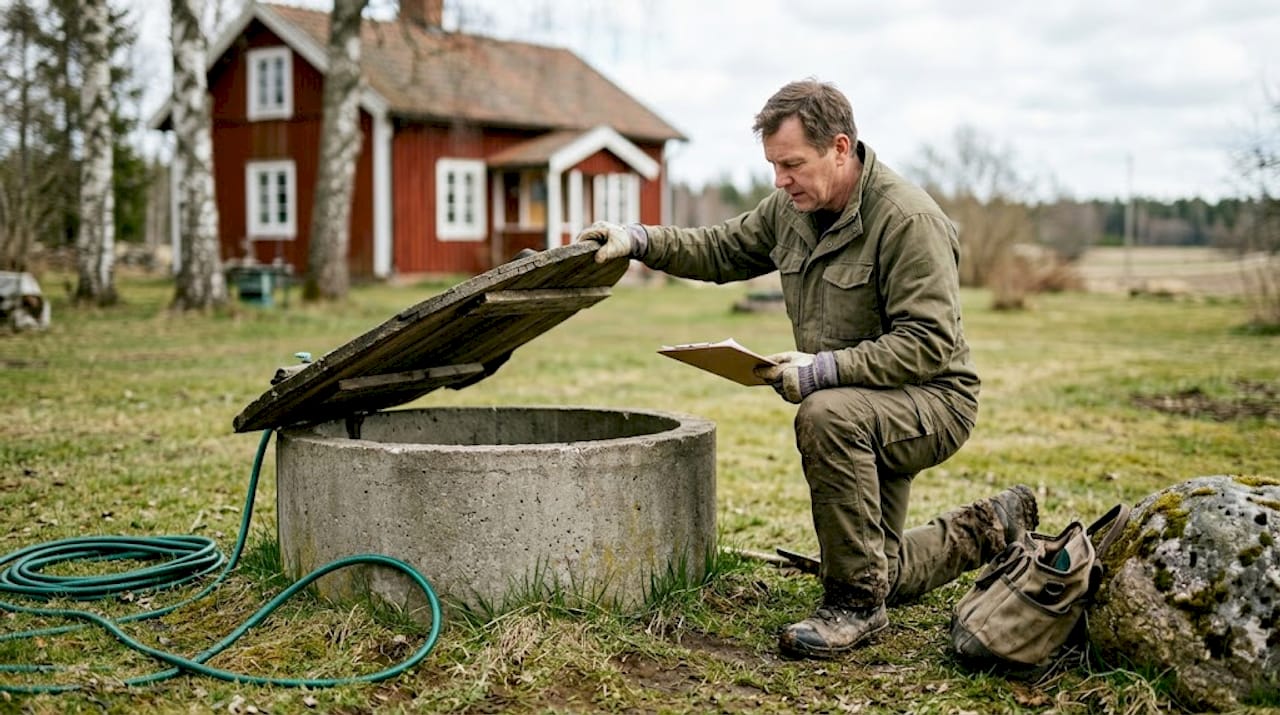 Technician inspecting private well at rural home