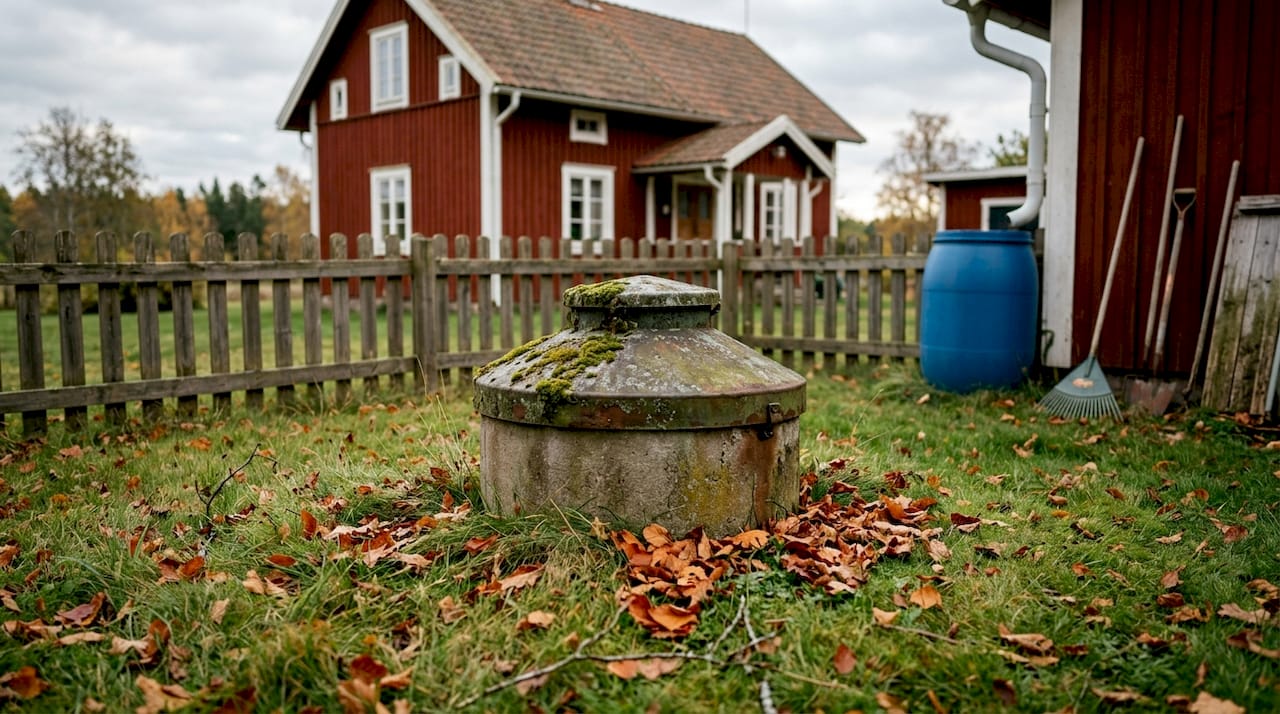 Rural Swedish well exterior with house and leaves