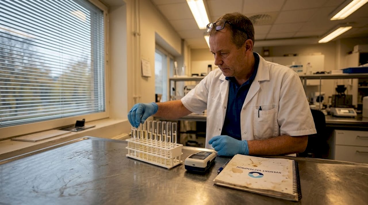 En laboratorieassistent granskar provrör med vattenprover.