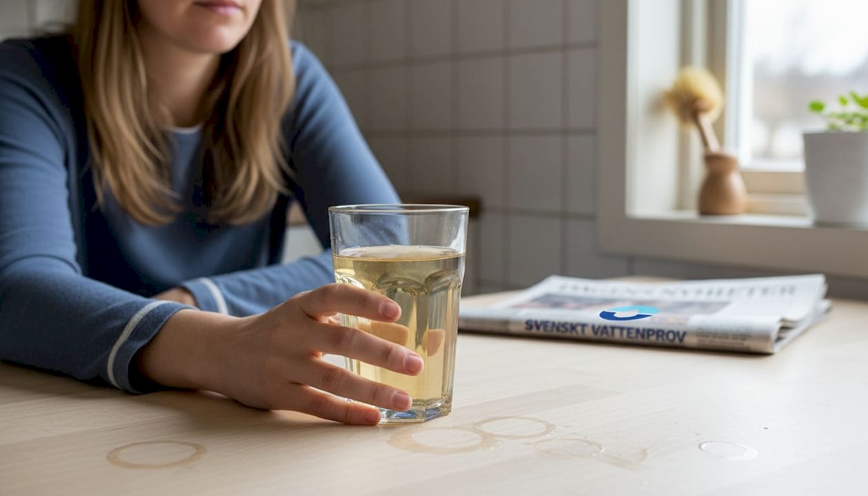 Ett glas vatten med tydlig missfärgning i närbild