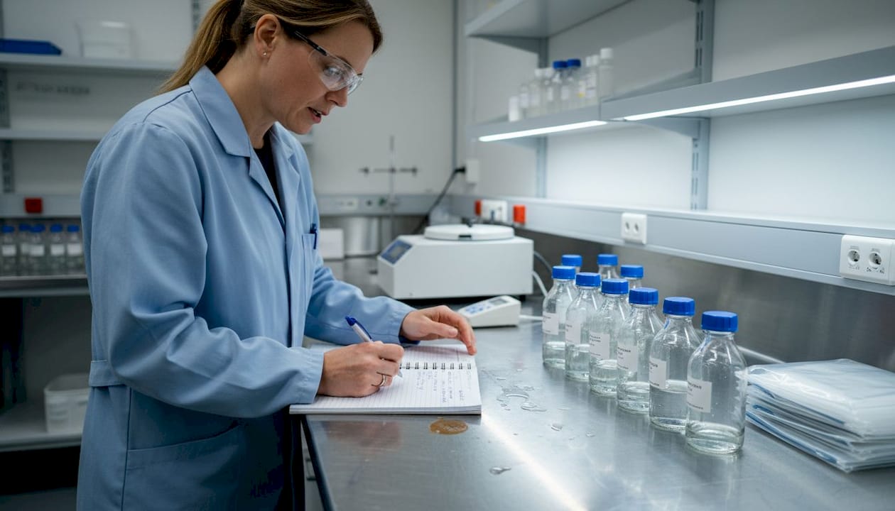 Technician recording water analysis in lab