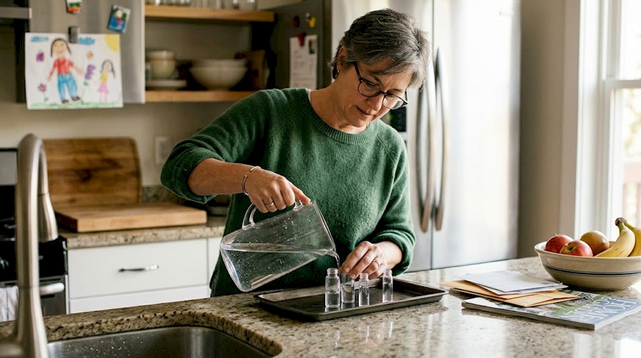 Woman filling water test vials in kitchen