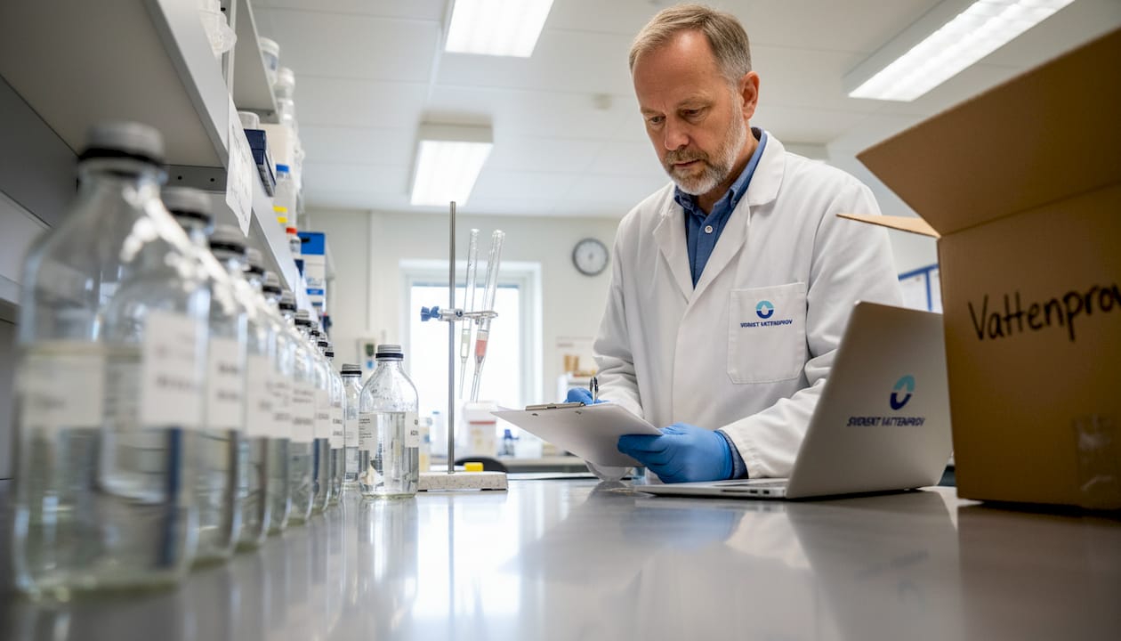 En laboratorietekniker granskar flaskor med vattenprover.