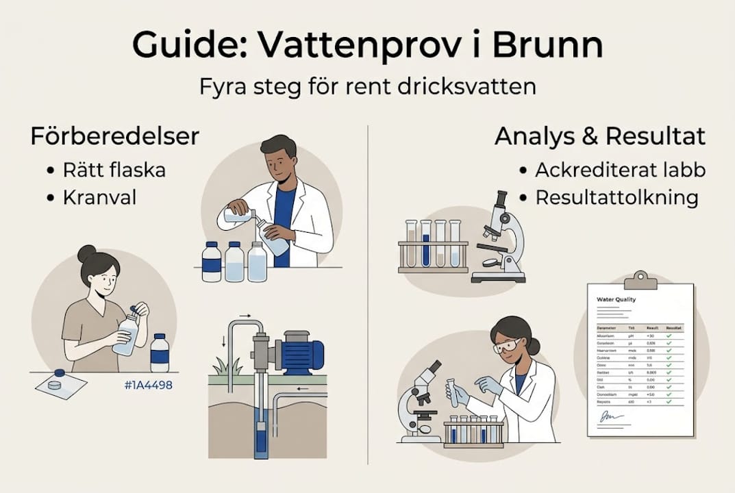 Illustration som visar processen för vattenprovtagning i fyra enkla steg.