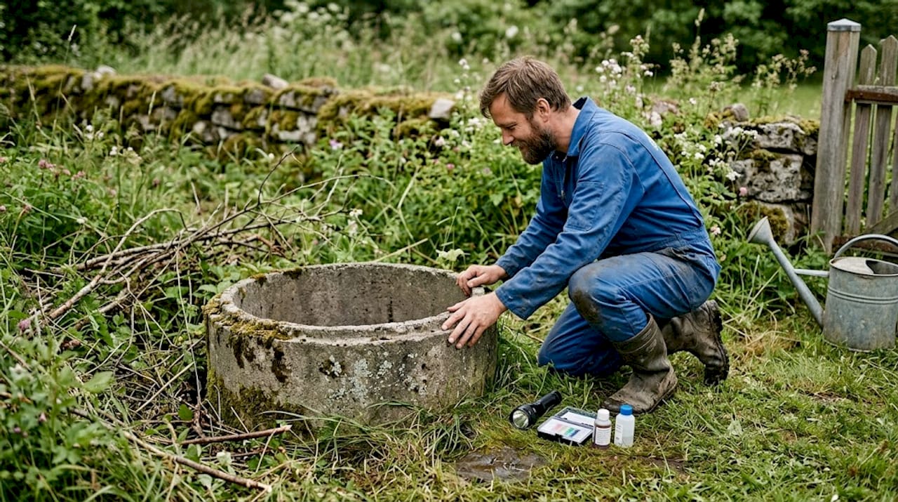Worker inspecting dug well in flooded garden