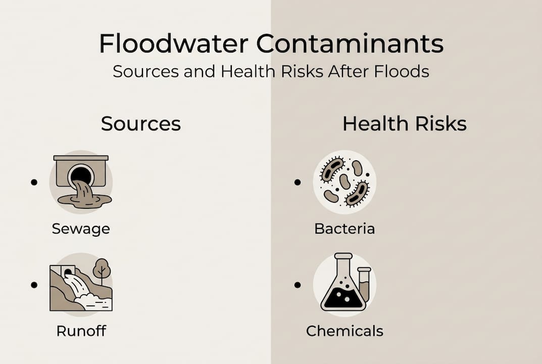 Infographic showing floodwater contamination sources and risks