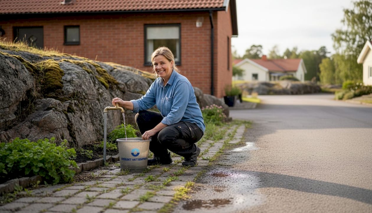 En boende hämtar vatten vid tegelhuset som ligger på berghäll.