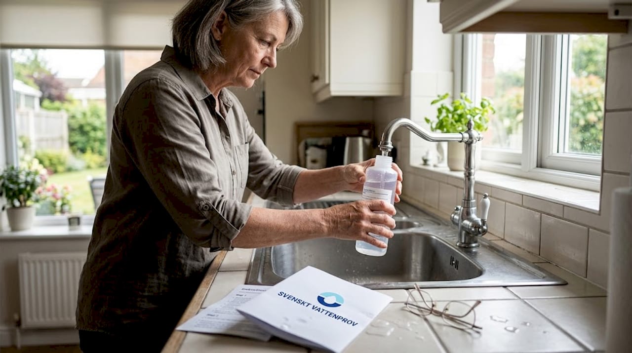 Homeowner filling water sample bottle in kitchen