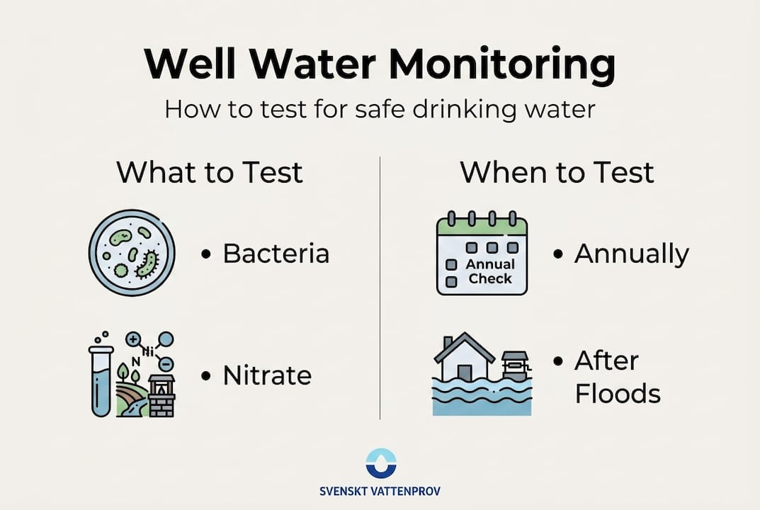 Infographic showing well water testing categories and schedule
