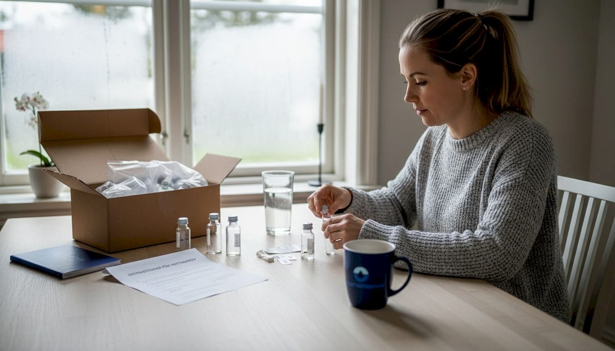 En kvinna sitter vid köksbordet och förbereder ett vattenprov.