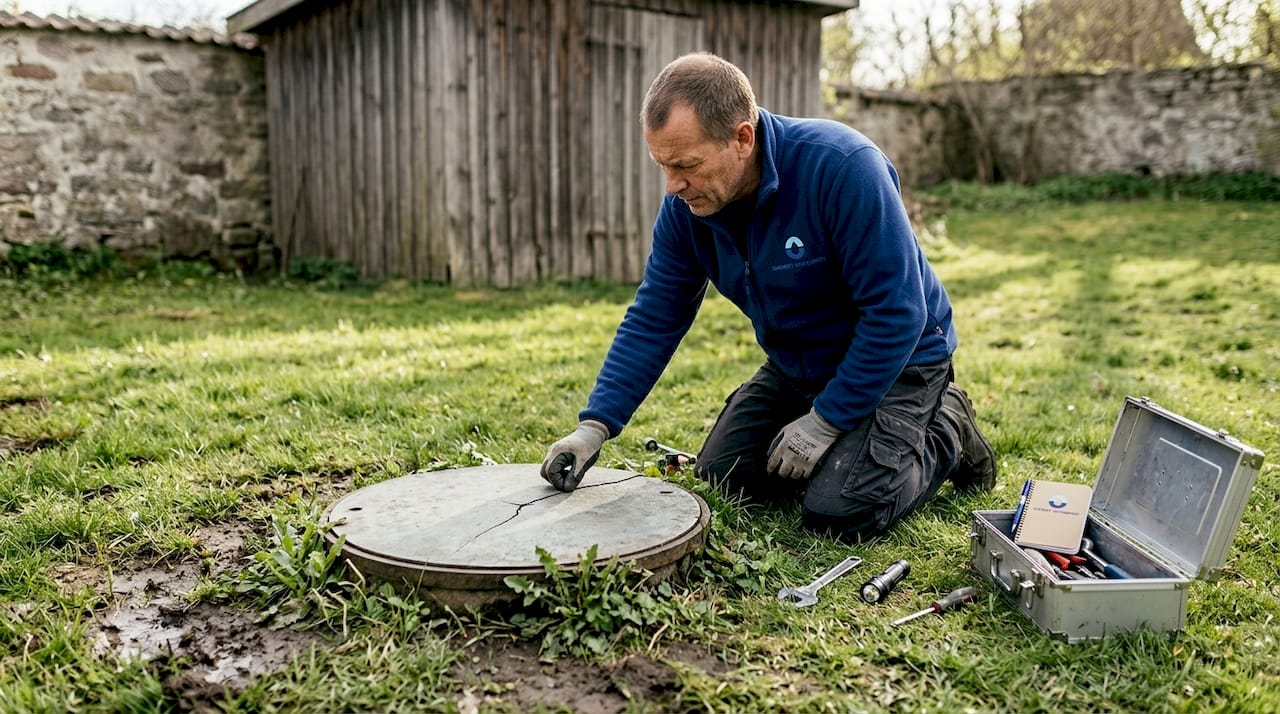 Man inspecting private well cover outdoors
