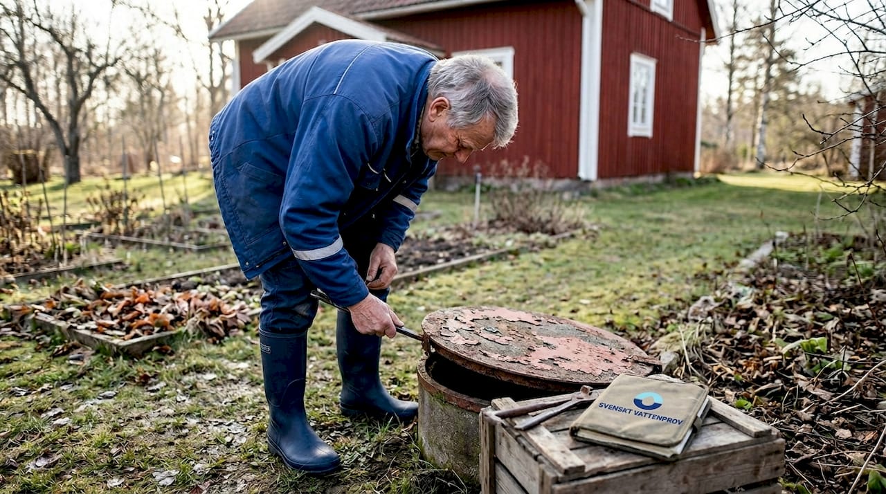 En person undersöker brunnen vid sitt lantställe.