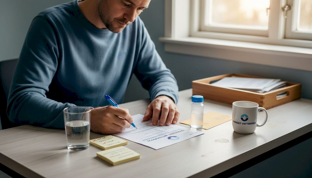 Man filling out water sample form at home desk