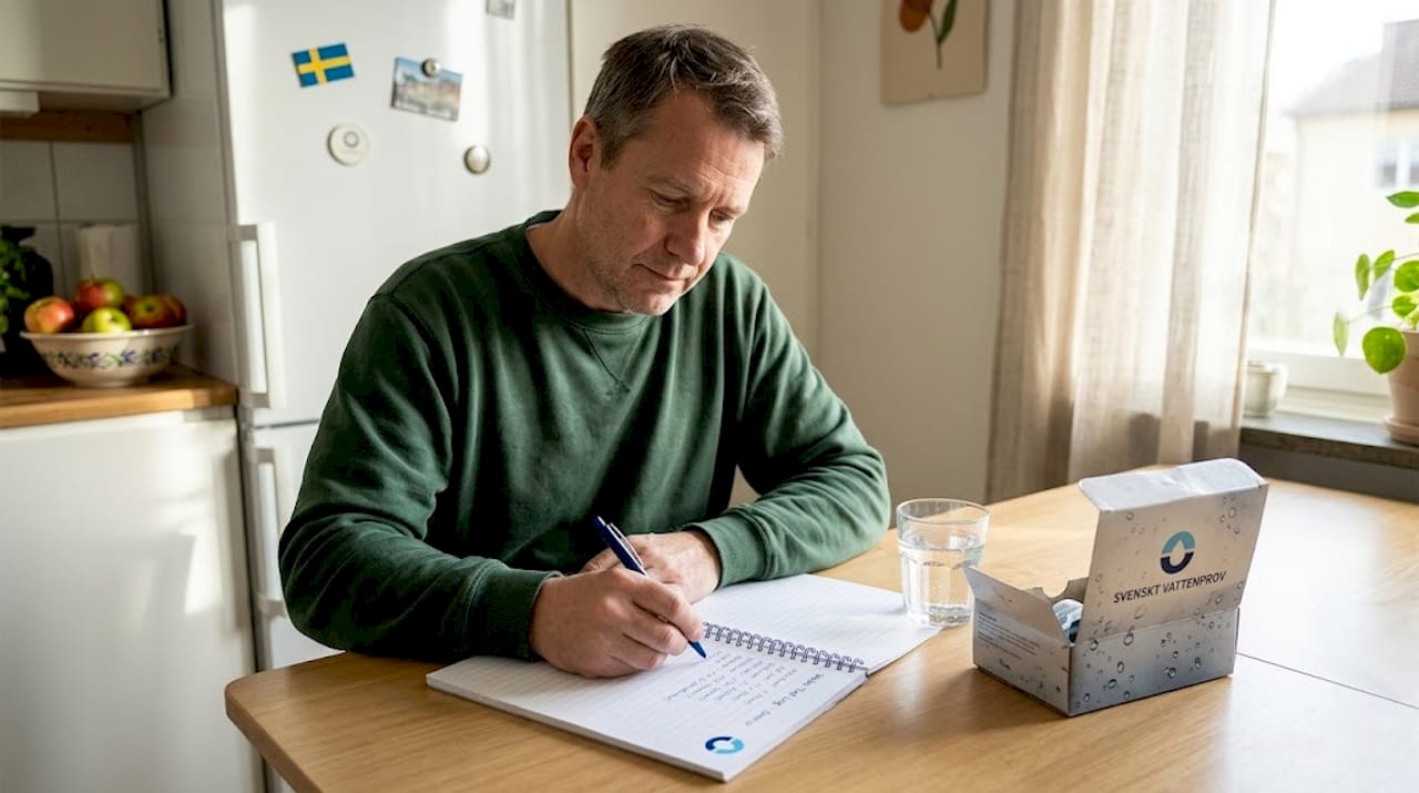 Man recording water test results in kitchen notebook
