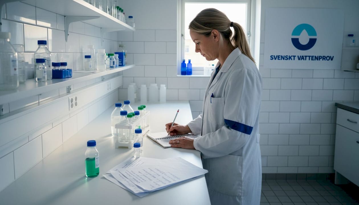 En kvinna testar sitt vatten hemma med ett analyskit.