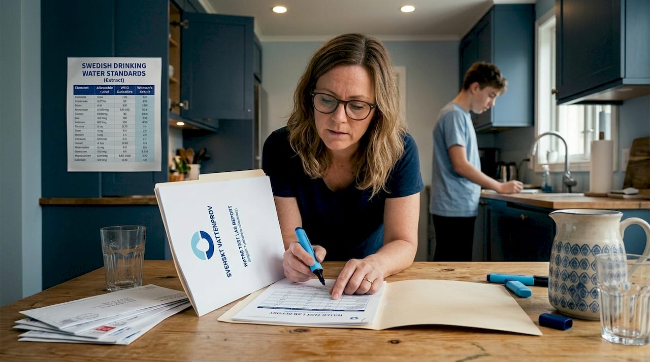 Woman reviews water test results in kitchen